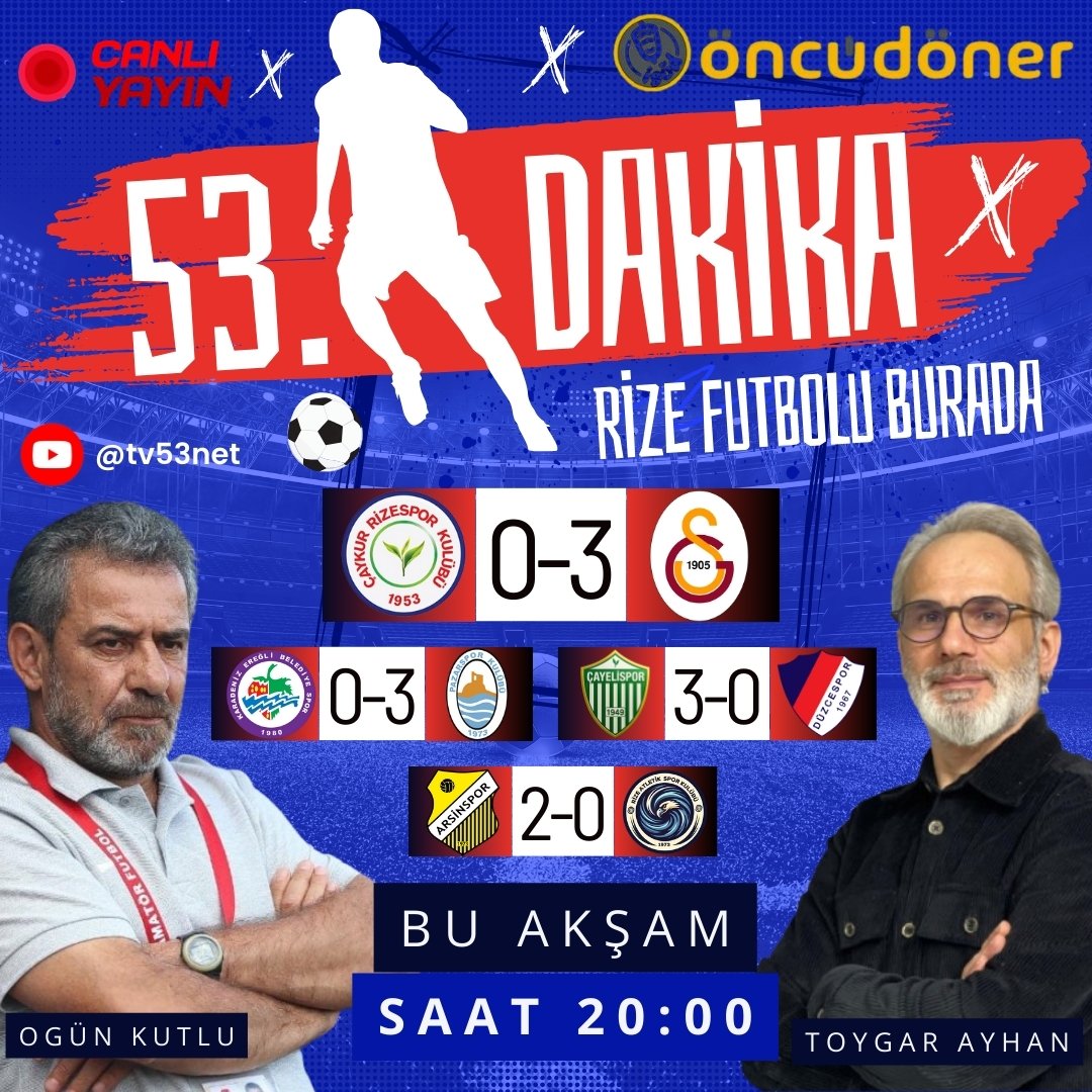 Rize futbolunun kalbi bu akşam yine "53. Dakika"da atıyor! ⚽️🔥

Çaykur Rizespor'un Galatasaray karşısındaki mücadelesinden, bölge takımlarımızın son durumuna kadar her şeyi masaya yatırıyoruz. 

Canlı Yayın Linki; youtube.com/watch?v=fiTb4K…