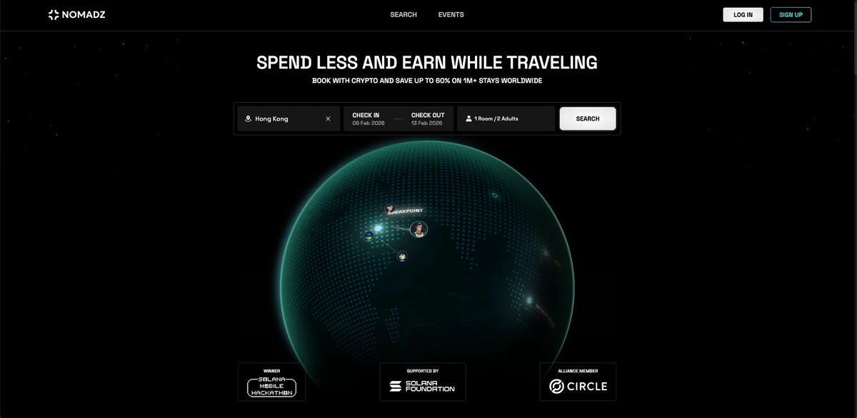 ProofofTech_xyz's tweet photo. 1/ 🚨 Solana's ecosystem is exploding with real-world utility in 2026, crypto payments for everyday needs like travel are finally seamless.

Nomadz (@NOMADZxyz) is leading this charge, enabling web3 nomads to book stays with USDC on Solana. No ticker yet, but watch for potential launches. 📈