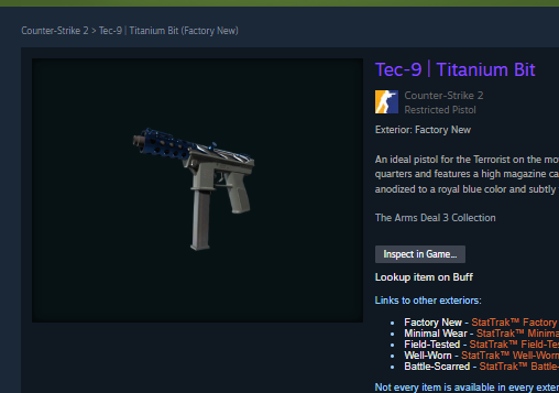 Dynam1css's tweet photo. Day 5 of pumping: Tec-9 | Titanium Bit FN already +100% in a month 🔥 https://t.co/SmyyUeQh4j