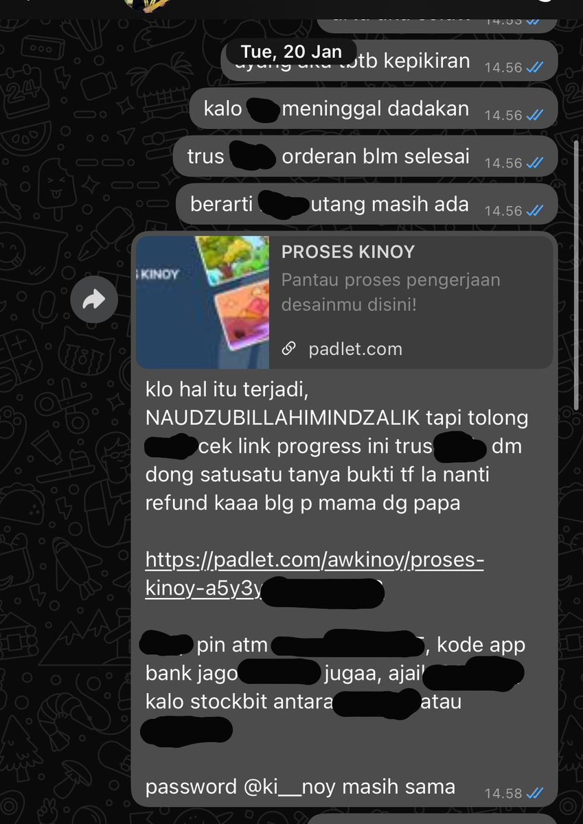 eh ini sama bgtttt. sebagai ikhtiar, aku kasih link progress (yang dimana ada nama acc custku) dan password/pin tabunganku ke orang terdekat supaya kalo ada apa-apa sama aku, mereka bisa bantu refund ke custku ☝🏻😞