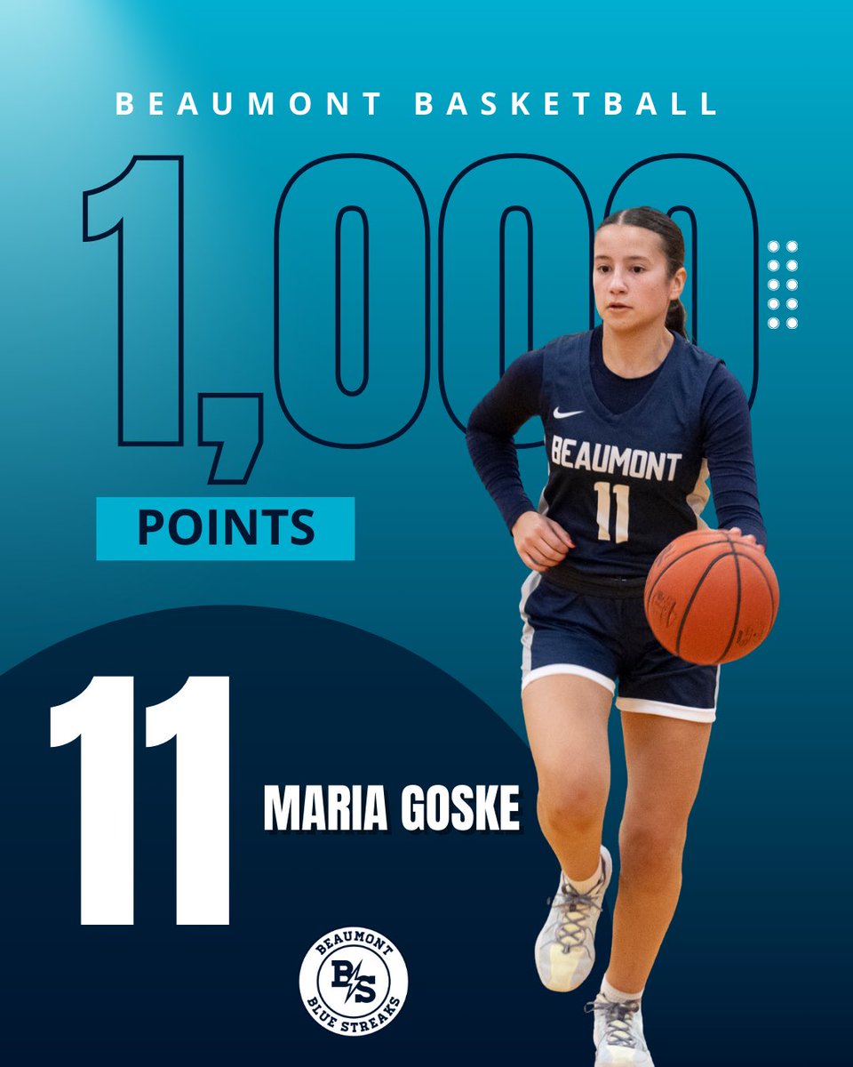 Congratulations to <a href="/BeaumontHoops/">Beaumont BlueStreaks Basketball</a> senior Maria Goske who has scored her 1,000th career point!

She is the sixth player in program history to reach this milestone, and the first since Lydia Gattozzi in 2021!

Way to go, Maria!