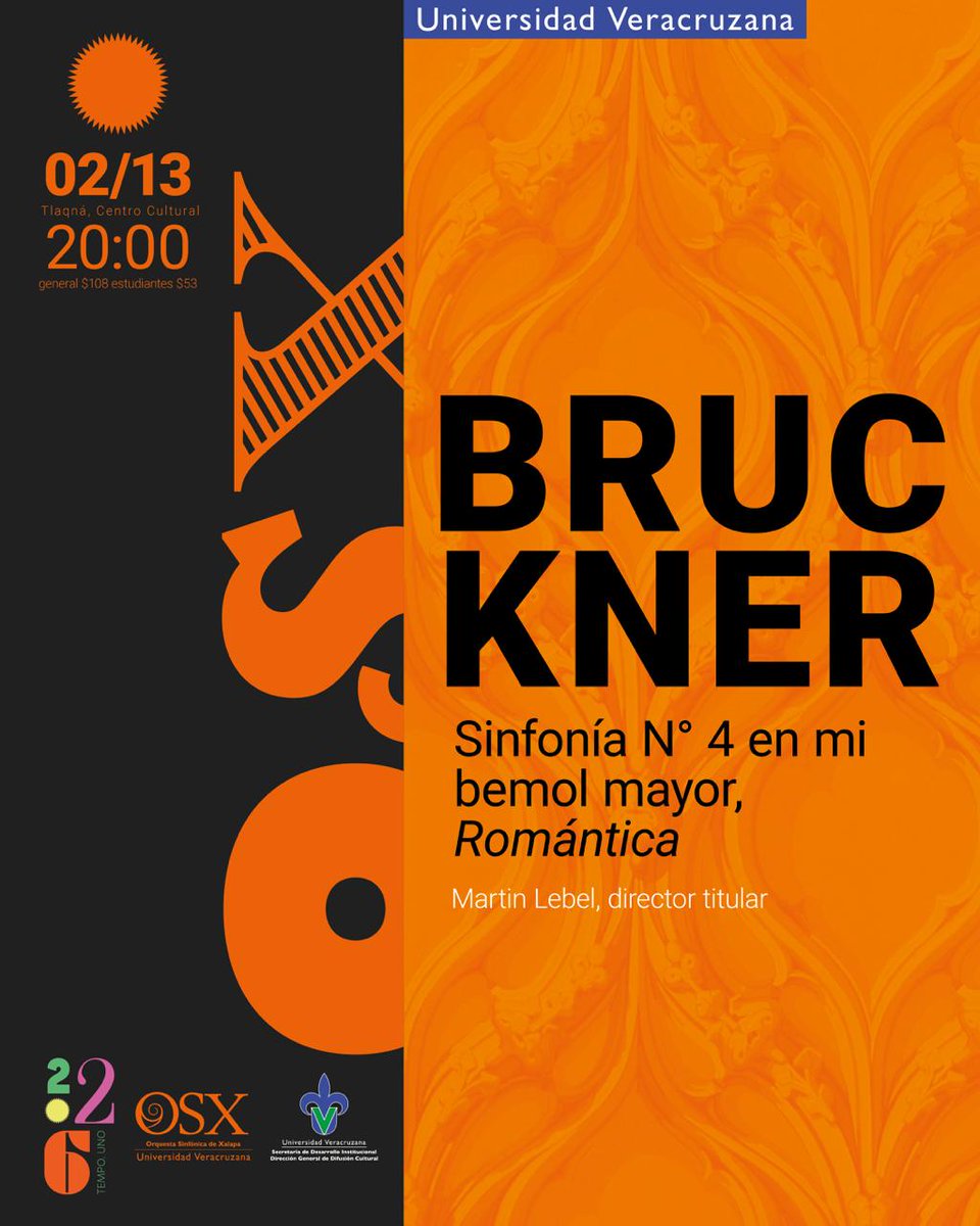 Después de 20 años, Xalapa vuelve a vibrar con una de las sinfonías más románticas del mundo. La <a href="/OSXUV/">Orquesta Sinfónica de Xalapa</a> trae para ti la Sinfonía n.° 4 de Bruckner bajo la batuta de Martin Lebel en Tlaqná. 🎵🎶

📆viernes 13 de febrero de 2026
⏰20:00 horas

#UV_CulturaArtística