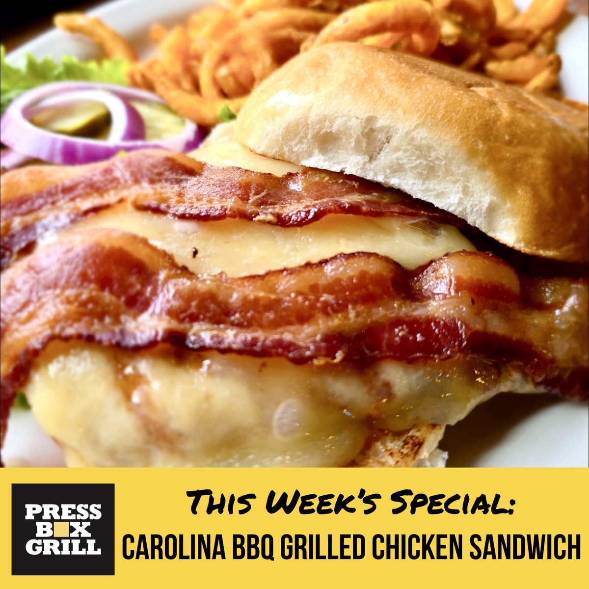 pressboxgrill's tweet image. This week’s special is a Carolina BBQ Grilled Chicken Sandwich! Grilled chicken, melted pepper jack &amp;amp; crispy bacon on a sweet bun with house-made Carolina Honey Mustard BBQ sauce. Served with curly fries.

#dallaseats #dallasrestaurants #dallasfood #downtowndallas #dallastx