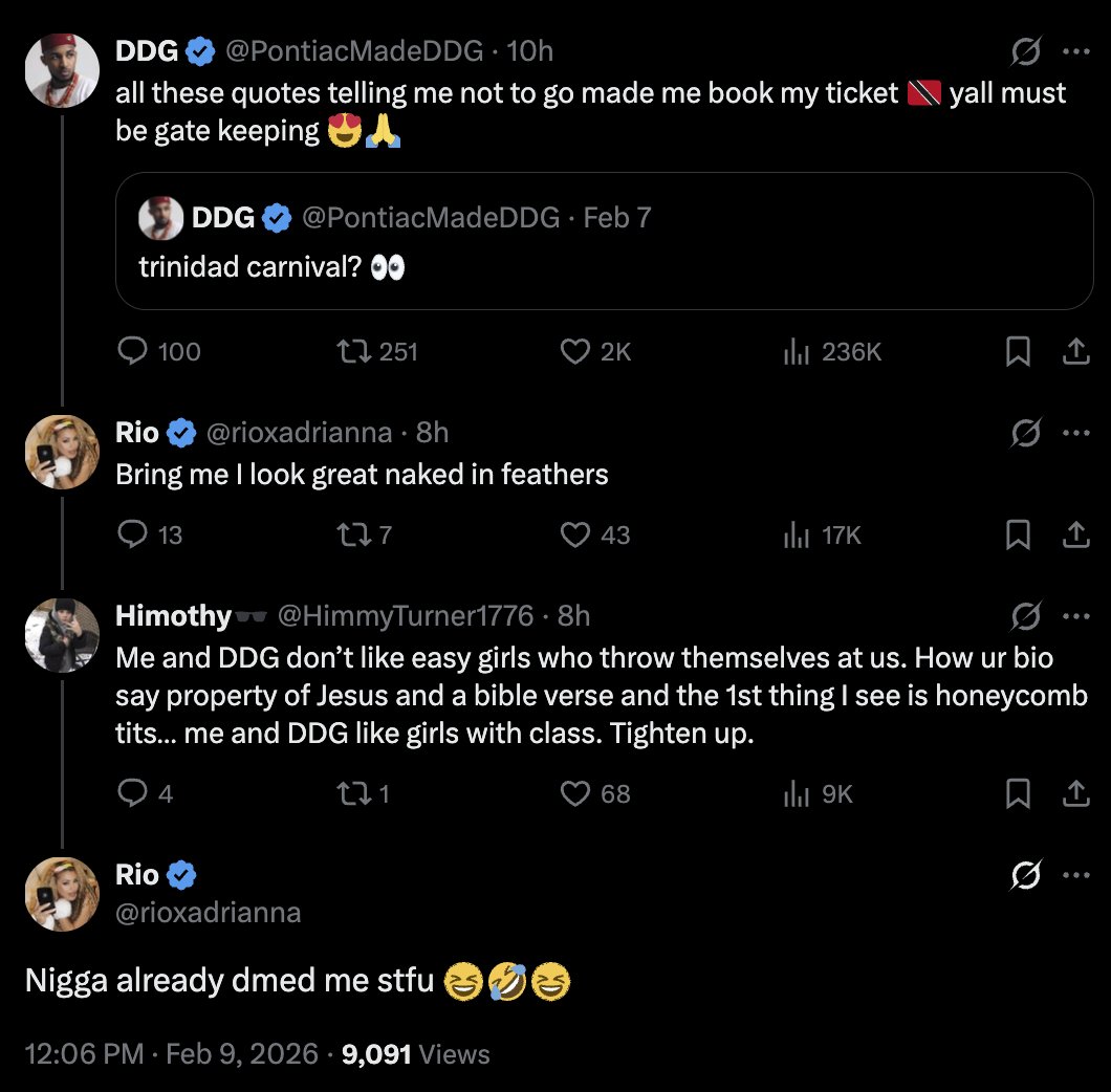 dredmonddantes's tweet image. Hi Darryl
THIS quote is kindly asking you to stay home

If you're sending DMs to random women who want to attend because they "look great naked in feathers", I already know that you don't give a fuck about 🇹🇹 culture

The gatekeeping shouldn't be a surprise, @PontiacMadeDDG 

❤️