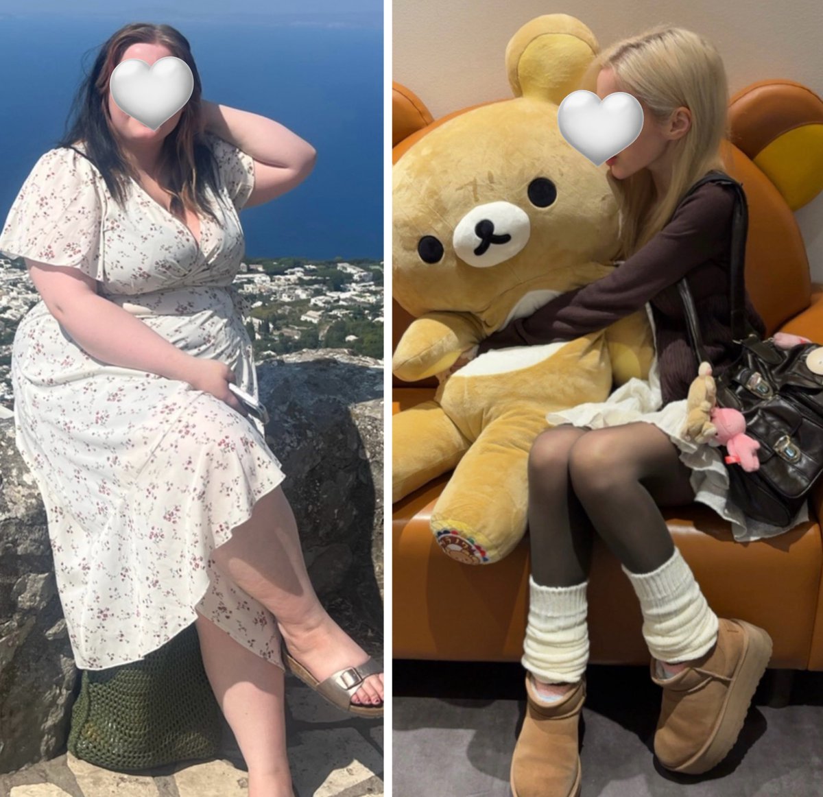 135lbs apart. 
My least and most favourite pics of me side by side