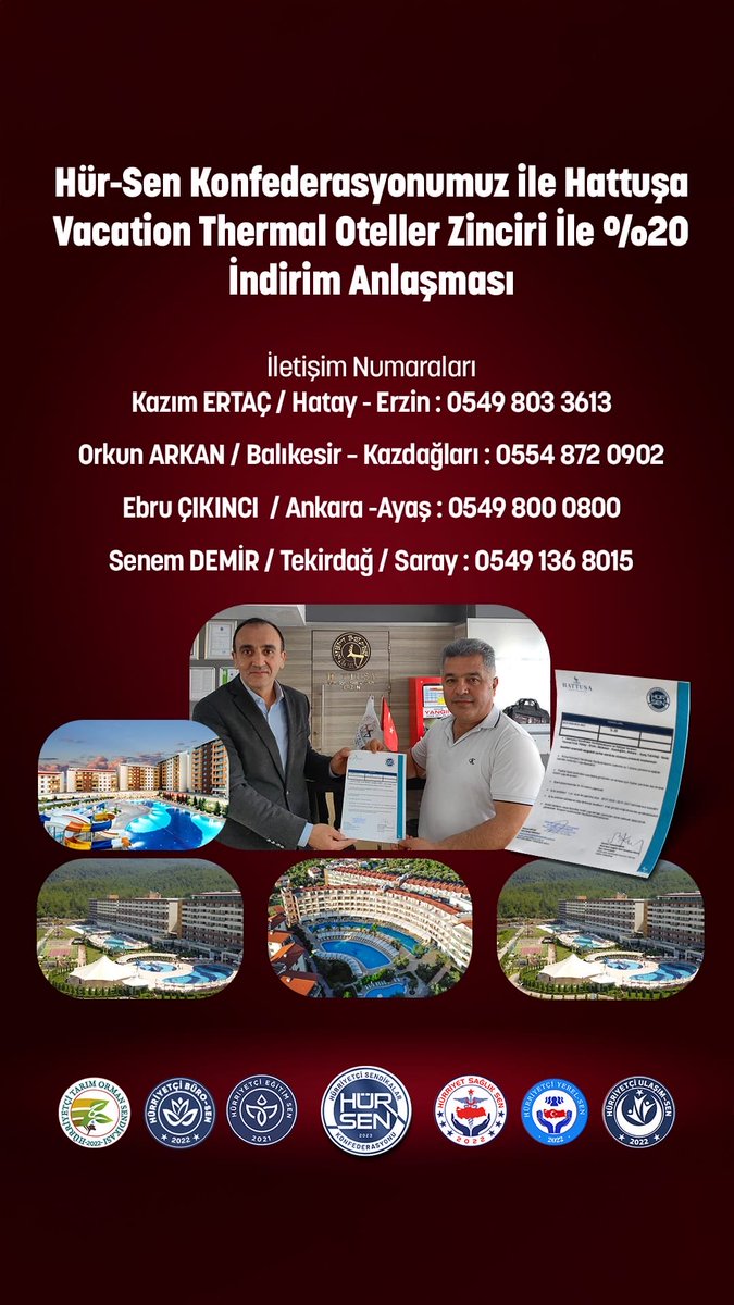 HÜR-SEN KONFEDERASYONUMUZ İLE HATTUŞA VACATİON THERMAL OTELLER ZİNCİRİ İLE %20 İNDİRİM ANLAŞMASI

Hattuşa Vacation Thermal Oteller ile yapmış olduğumuz %20 indirim anlaşması ile Konfederasyonumuza bağlı tüm sendikalarımızın üyeleri ve birinci derece aile takımları tatil ve
