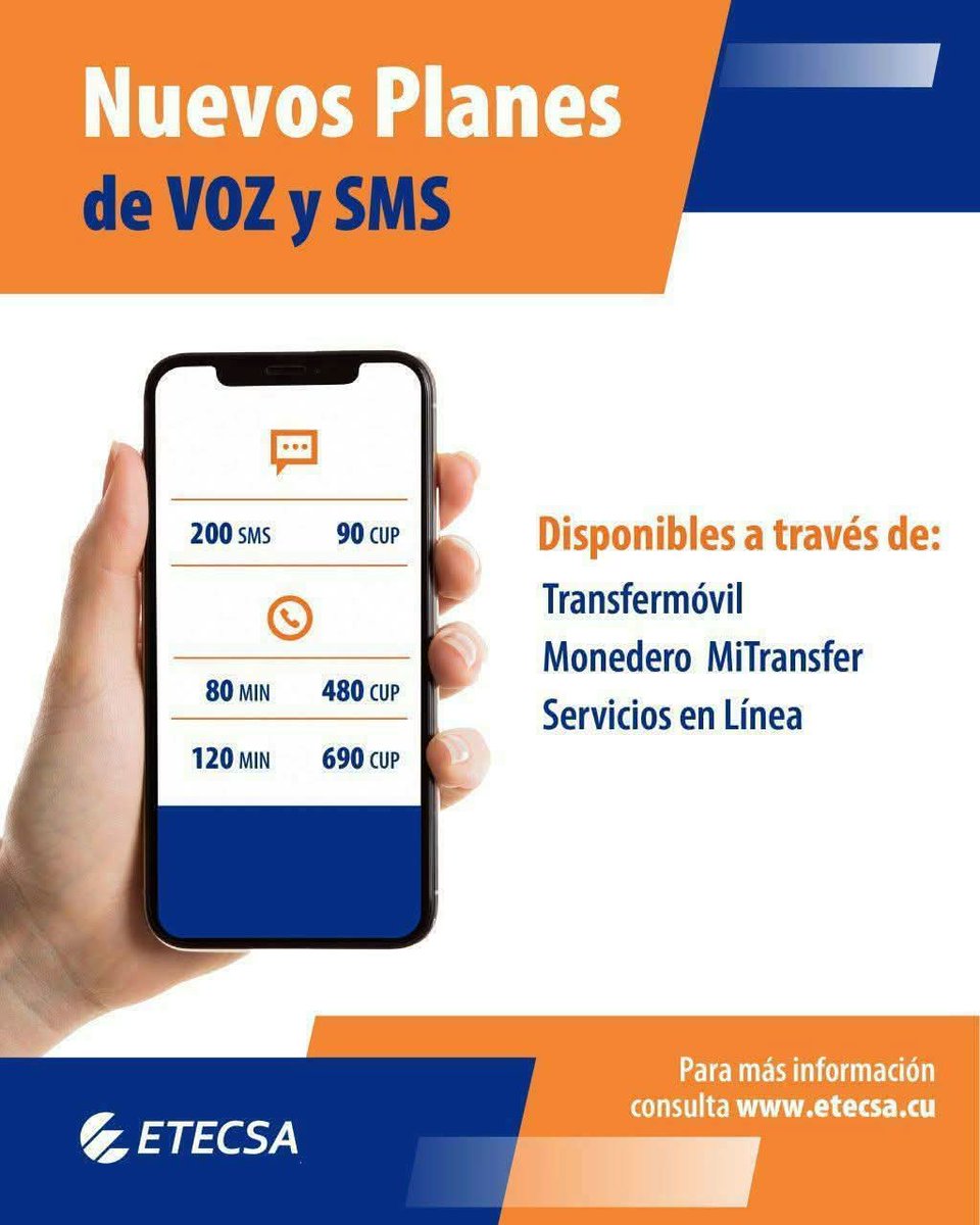 #EtecsaConCuba y nuevos planes de Voz o SMS que se pueden adquirir a través de:
👉 #Transfermóvil 
👉 #MonederoMiTransfer
👉 #ServiciosEnLínea