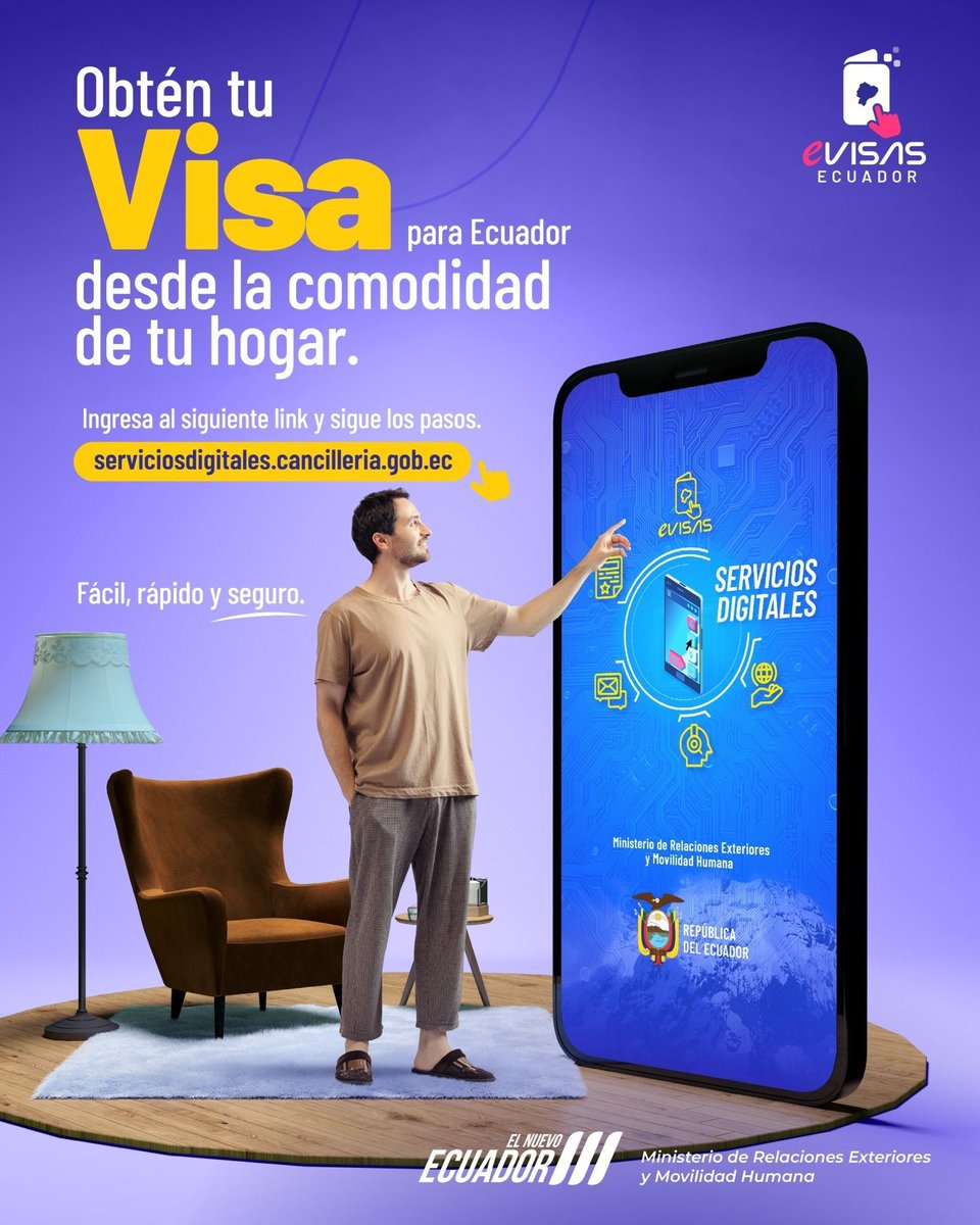 cecuphoenix's tweet image. 📢 COMUNICADO
¡AHORA TODOS LOS TRÁMITES DE VISAS SON 100% DIGITALES Y MÁS FÁCILES! 🌎💻 
Ingresa a la plataforma eVISAS: evisas.gob.ec, para solicitar tu visa de manera rápida, segura y desde cualquier lugar del mundo.
#eVISAS #TrámitesDigitales