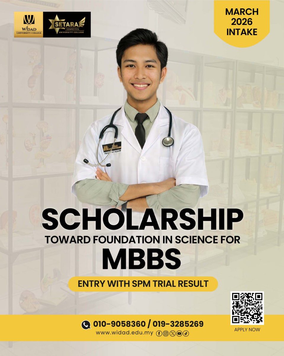 Twt_Widad's tweet image. ✨ Impian jadi doktor bermula di sini!
MBBS @ Widad University College
✅ Guna keputusan SPM Trial
🎓 Scholarship tersedia
📅 Intake Mac 2026
Jangan tunggu result penuh baru mula 👉 DAFTAR SEKARANG!
#MBBSWidad #FutureDoctor #IntakeMac2026 #SPMTrial