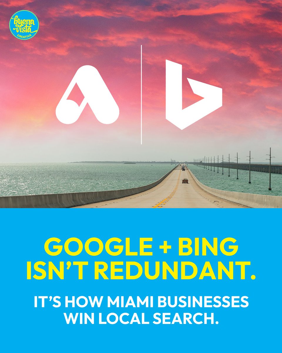 Running paid ads in Miami isn’t about Google vs Bing.
It’s about using both.

Google captures urgency.
Bing delivers efficiency.

When PPC is built right, it’s predictable—not a gamble.
Buena Vista Creative — PPC built for Miami markets.

#PPC #MiamiBusiness #PaidSearch