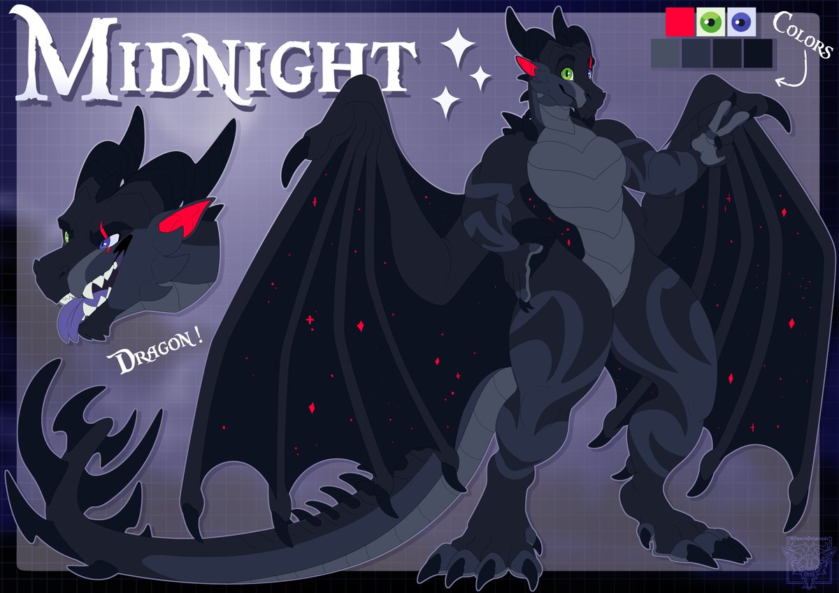 Midnight the dragon 🐉🌒
Redesign/ref for Midnight here on this site!
Had tons of fun doing an anthro dragon with dark colors, it's been a while since I've done one of those-

Hope you guys like him as much as I do!