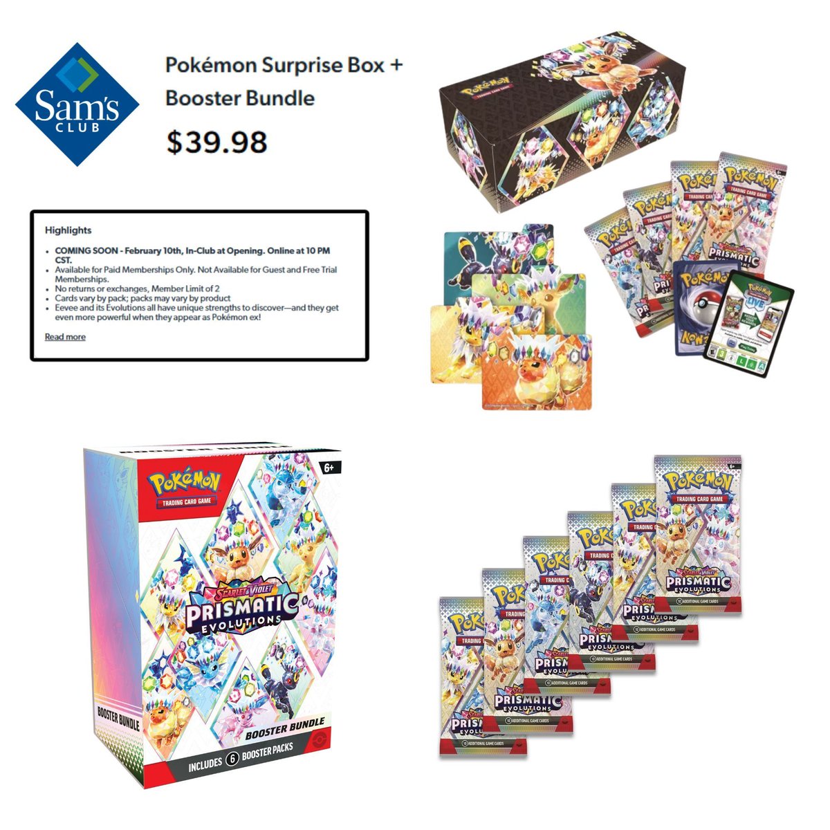 Sam's Club Drop Tomorrow! Prismatic Evolutions Surprise Box + Booster Bundle Releasing on February 10 for $39.98! Instore at Store Opening, and Online at 11PM EST/8PM PST! Product Link: https://t.co/TWX4wPyPiN Sam's Club Sam's Club Drop Tomorrow! Prismatic Evolutions Surprise Box + Booster Bundle Releasing on February 10 for $39.98! Instore at Store Opening, and Online at 11PM EST/8PM PST! Product Link: https://t.co/TWX4wPyPiN Sam's Club