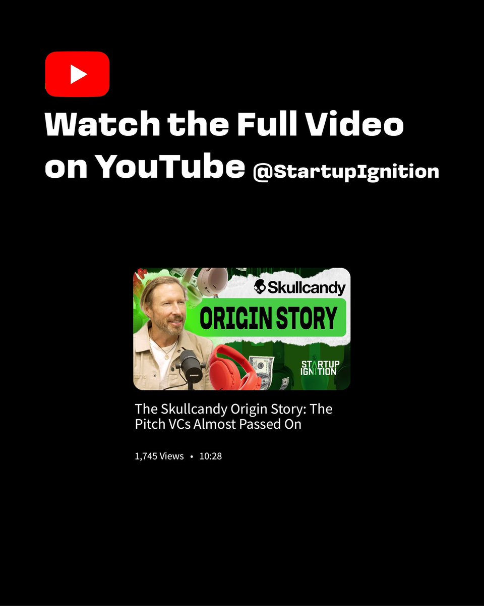 Skullcandy didn’t beat big brands with better tech. 

They beat them with positioning, a flip-flop pitch, and a $300M brand. 

The real origin story and lessons from investor and President Jeff Kearl on our YouTube channel. 

youtu.be/rFtOl3ctFOc