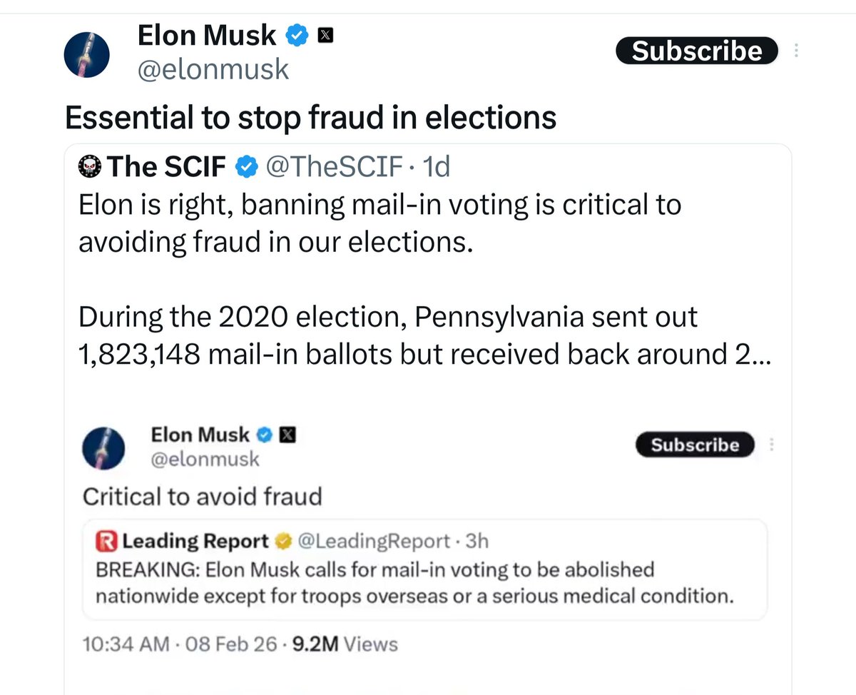 GenoVeno73's tweet photo. WHY DO YOU PEOPLE ENJOY BEING LIED TO... when the internet is literally at your fingertips!!

And @elonmusk, for claiming to be so educated, is quite literally the dumbest motherfucker on his own platform.

Approximately 37,000 soldiers overseas voted by mail-in ballot in the 2024 election.
So @elonmusk wants to disenfranchise our soldiers?

Approximately 631,000 American citizens living abroad (overseas civilians) voted by mail-in ballot in the 2024 election.
So @elonmusk wants to disenfranchise U.S citizens?

Approximately 48 million Americans in the United States voted using mail-in ballots in the 2024 election.
So @elonmusk wants to disenfranchise a large portion of the United States?

FIVE STATES vote entirely by mail.
So @elonmusk wants to disenfranchise FIVE American States?

Both @TheSCIF and @elonmusk are ignorant fucks.

👇👇👇👇