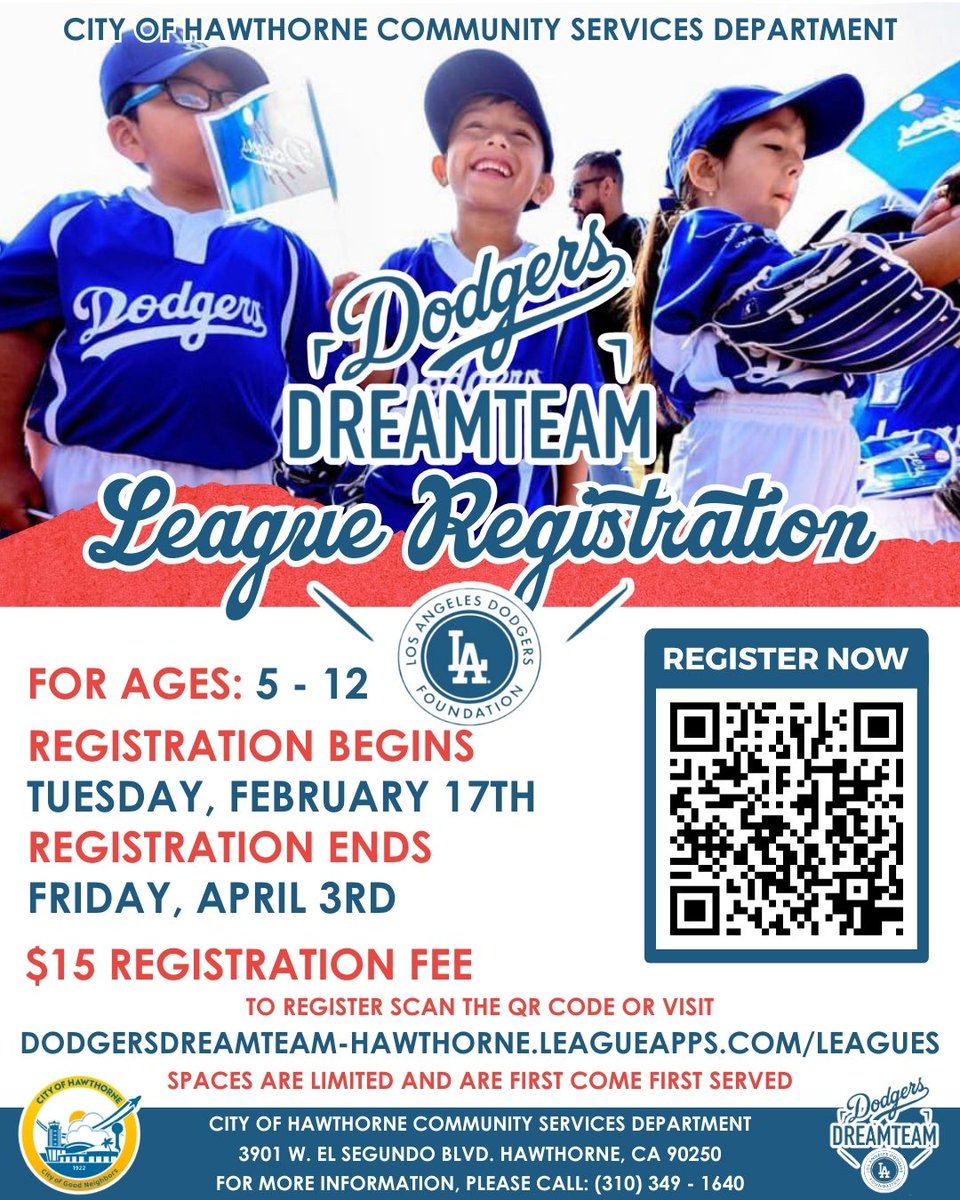 hawthorneCAL's tweet image. Sign up for the Dodgers DreamTeam starting Feb. 17th! 
Open to kids ages 5-12—join the fun and develop your baseball skills!
Cost: $15
Scan the QR code or visit …ersdreamteam-hawthorne.leagueapps.com/leagues to register!

#dodgersdreamteam #biggerthanbaseball #communityservices #parksandrec #dodgers