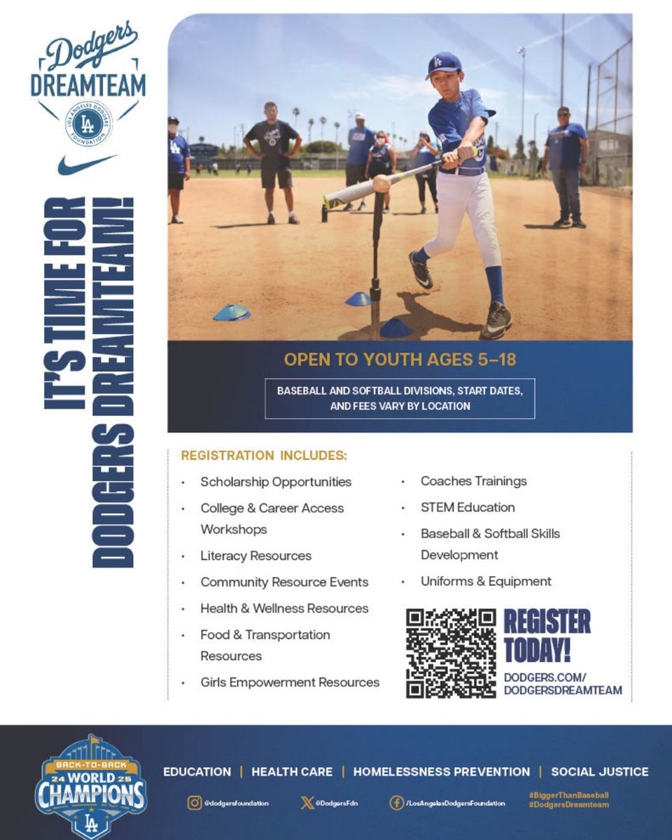 hawthorneCAL's tweet image. Sign up for the Dodgers DreamTeam starting Feb. 17th! 
Open to kids ages 5-12—join the fun and develop your baseball skills!
Cost: $15
Scan the QR code or visit …ersdreamteam-hawthorne.leagueapps.com/leagues to register!

#dodgersdreamteam #biggerthanbaseball #communityservices #parksandrec #dodgers