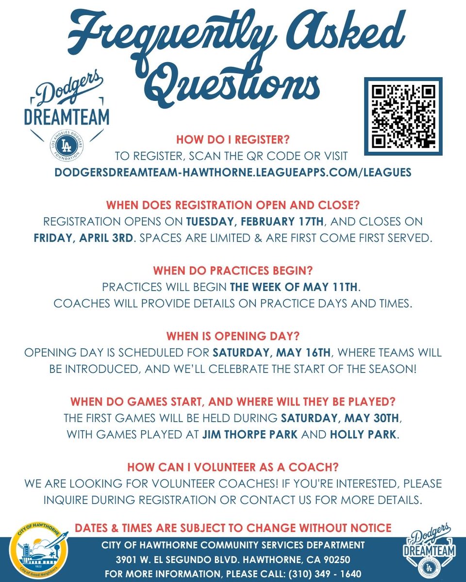 hawthorneCAL's tweet image. Sign up for the Dodgers DreamTeam starting Feb. 17th! 
Open to kids ages 5-12—join the fun and develop your baseball skills!
Cost: $15
Scan the QR code or visit …ersdreamteam-hawthorne.leagueapps.com/leagues to register!

#dodgersdreamteam #biggerthanbaseball #communityservices #parksandrec #dodgers
