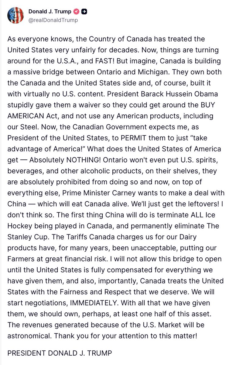 cmarcoux's tweet photo. In yet another unhinged rant, the insane President of the US threatens to block the opening of the Gordie Howe Bridge.  
If he follows through, we should impose visa requirements on all US travellers and expel that little asshole Pete Hoekstra.
Enough is enough, ffs. https://t.co/idG02wA8yT