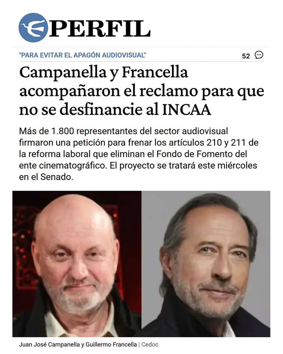 Campanella y Francella también rechazan los artículos de la reforma laboral que desfinancian al INCAA 
El diario PERFIL da cuenta del amplio respaldo de todo el sector audiovisual en defensa del cine nacional.

Lee La nota completa en: perfil.com/noticias/espec…