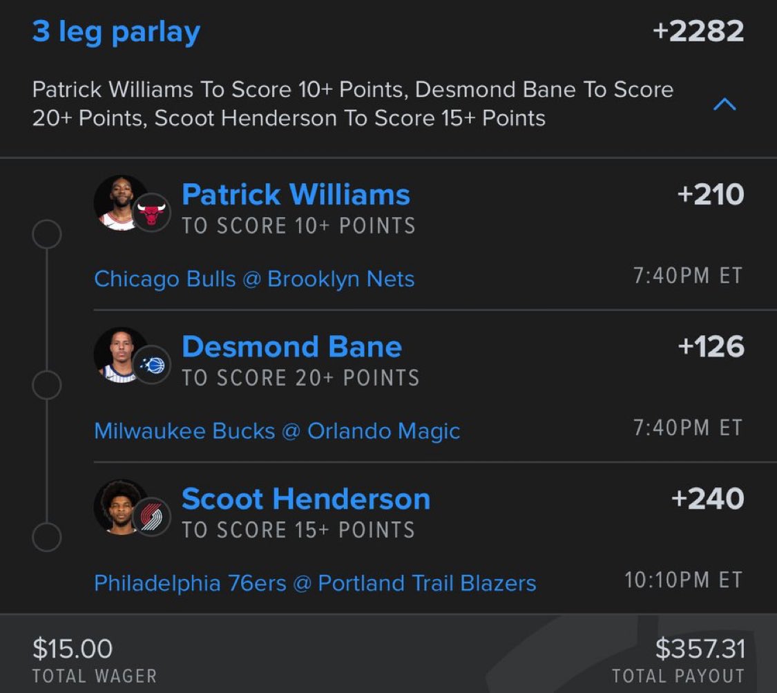 Macksonlarr's tweet image. Points parlay locked in 🔥

Patrick Williams 10+ pts
Desmond Bane 20+ pts
Scoot Henderson 15+ pts
@ +2282 odds! 💰🏀 

t.me/+J82lVnuDhS01Y…

#PrizePicks #NBA #GamblingTwitter#PrizePicks
