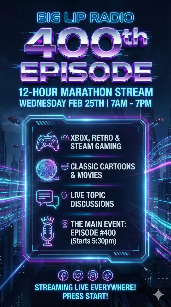 Are you ready for the 12 hour 400th episode of The Big Lip Radio Podcast? Clear the date: February 25th!