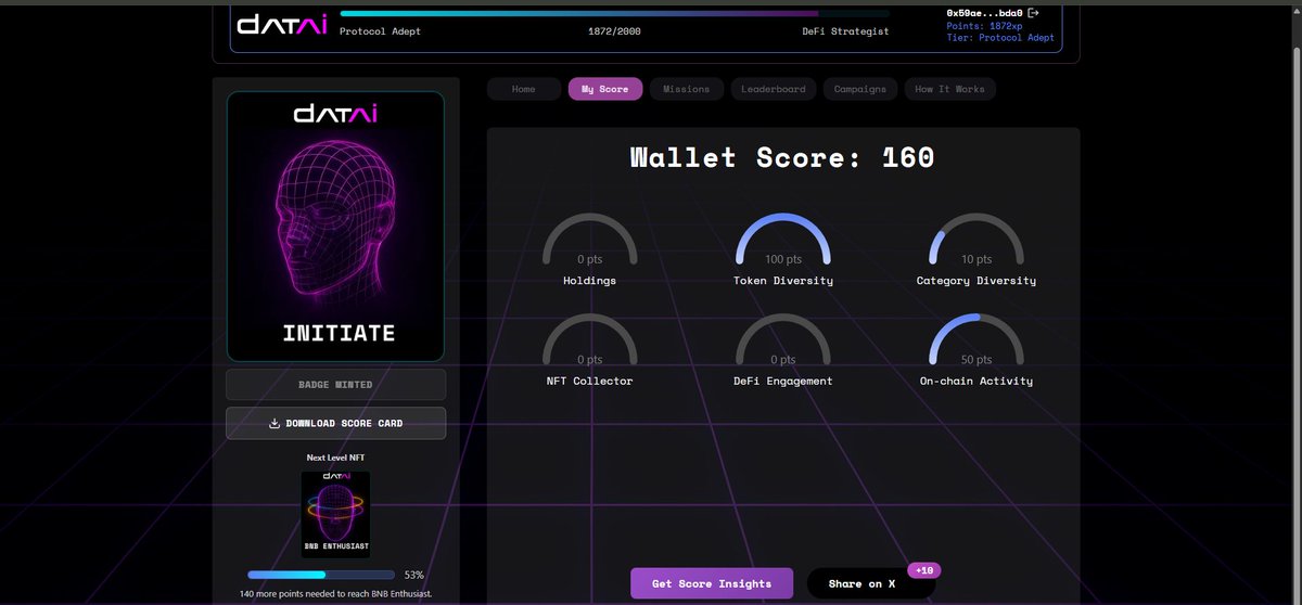 MarkCayanan13's tweet photo. @datainetwork @BNBCHAIN i only got 160 of score. Hopefully this will make enough when it said and all done.

#BNBWalletScore. https://t.co/xaPdtORzdp
