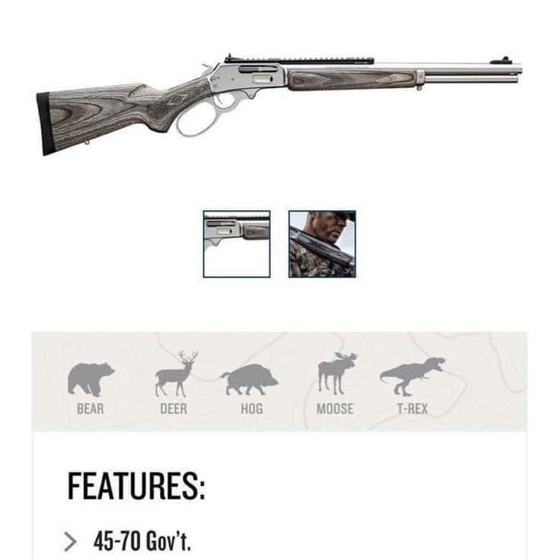 BestMovieMom's tweet image. The manufacturer of the rifle carried by Chris Pratt’s character in Jurassic World added the T-Rex as a recommended animal to hunt with it.