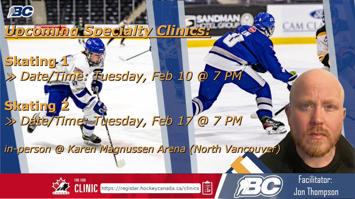 Calling all coaches! 🏒 

BC Hockey is hosting 2 Instructional Stream - Skating clinics this month at Karen Magnussen Rec Centre in North Vancouver:

⨠SKATING 1
📆Feb 10, 7 PM
📝page.spordle.com/bch/clinics/1f…

⨠SKATING 2
📆Feb 17, 7 PM
📝page.spordle.com/bch/clinics/1f…