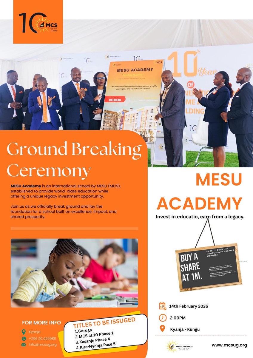 This Saturday 14th February 2026, we shall be Launching our school
Project.  Kyanja _ Kungu. 

From 2:00PM. 
We invite everyone interested in. Building generational wealth through investing in a legacy school as we Grow Togather.