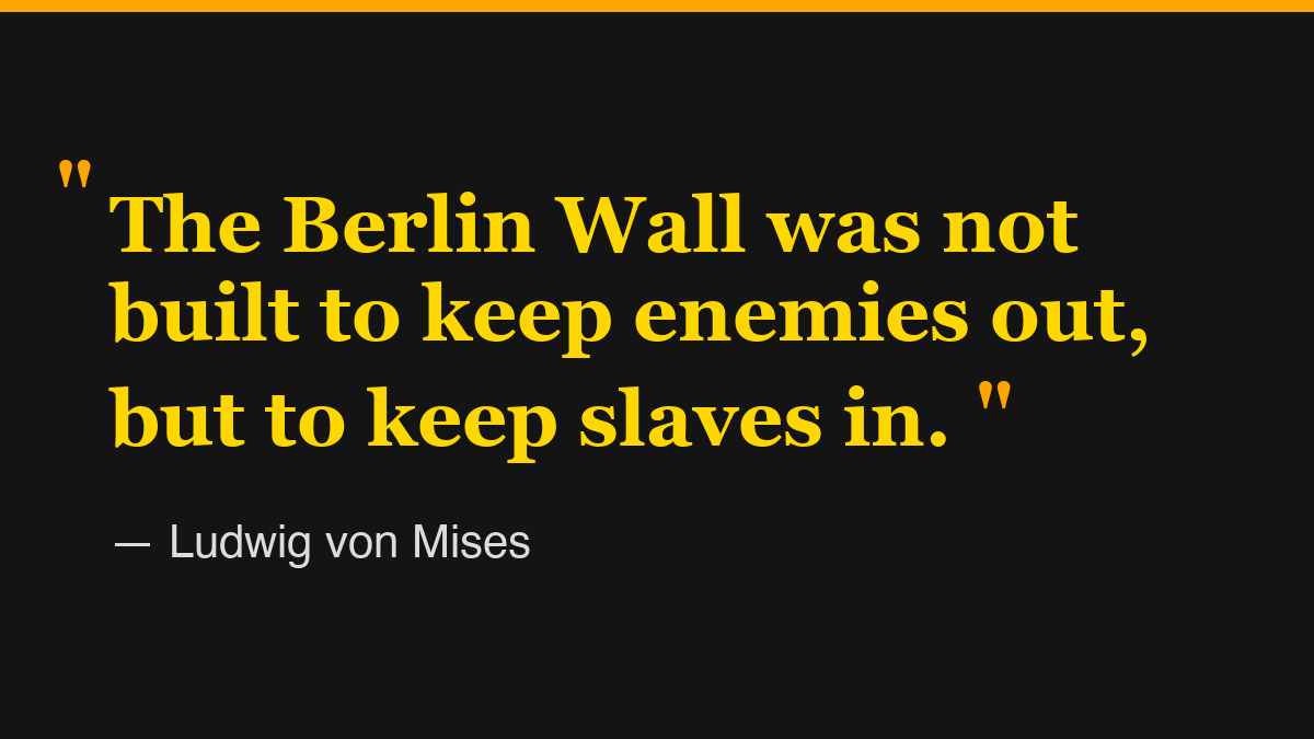 Handre's tweet photo. Mises understood what modern socialists refuse to acknowledge: when your economic system is so superior, why do you need armed guards and barbed wire to prevent people from leaving? The Iron Curtain wasn't a security measure—it was an admission of failure. Every socialist paradise in history, from East Germany to North Korea, has required walls, watchtowers, and shoot-to-kill orders at their borders. Not to protect their citizens from capitalism, but to protect their ideology from the devastating truth that people vote with their feet when given the choice. The moment socialism allows free movement, it collapses under the weight of mass exodus.
