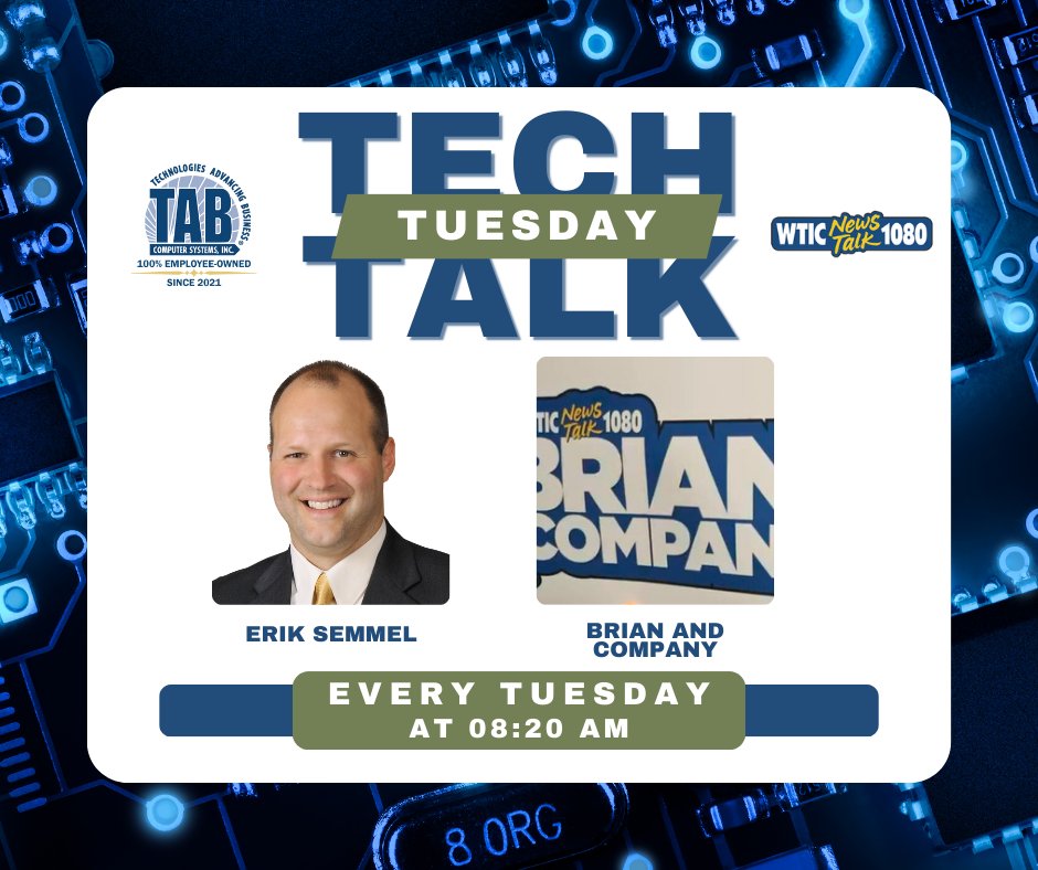 TABComputerSys's tweet image. Join @Erik Semmel from @TAB Computer Systems and @Brian Shactman from Brian &amp;amp; Company tomorrow at 8:20 AM for #TechTalkTuesday live on @WTIC News/Talk 1080. This weekly segment discusses the latest tech news.
#ITServiceProvider #radioshow #computertalkwithtab #technews