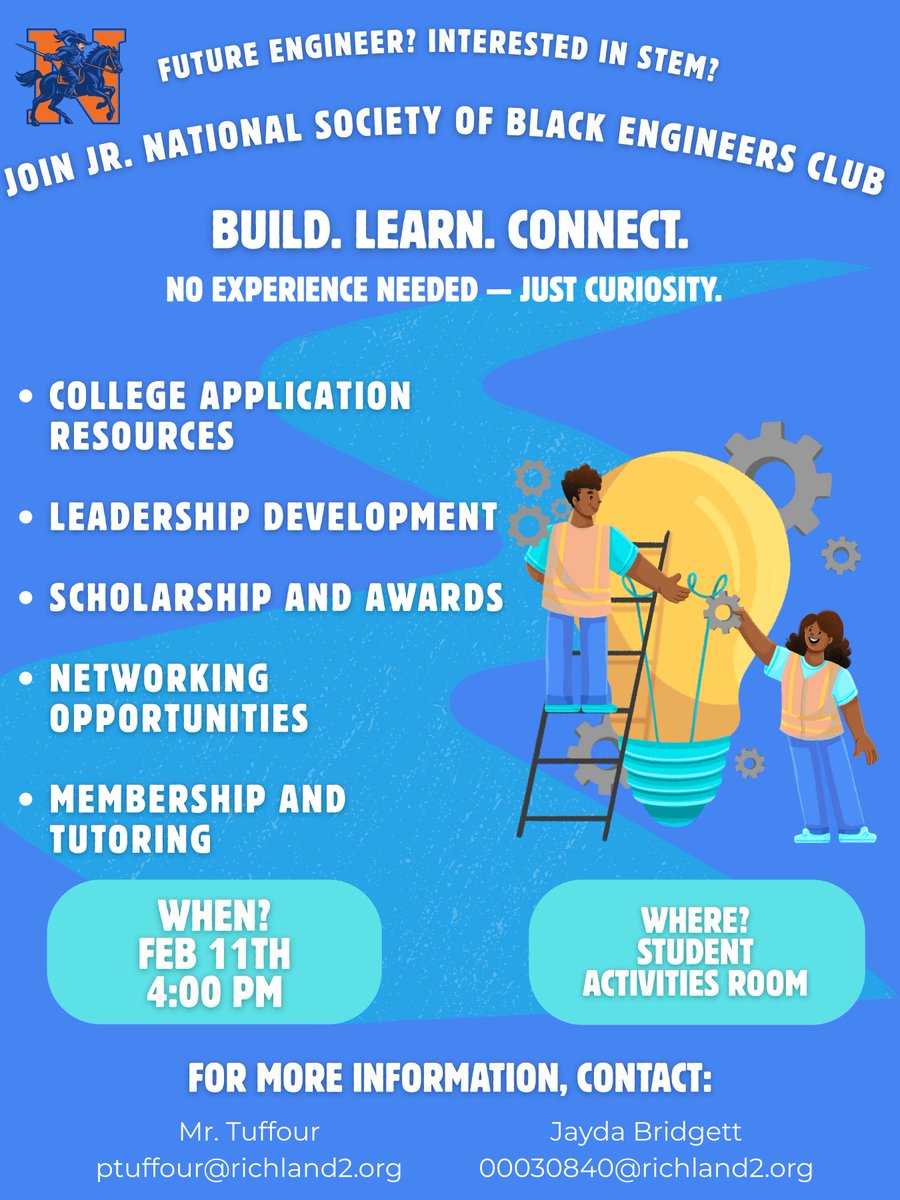 Interested in STEM? 🚀 Join the @rnecavaliers Jr. National Society of Black Engineers Club!

⚒️ Build, Learn, &amp; Connect 🚫 No experience needed 📅 Feb 11th @ 4:00 PM 📍 Student Activities Room 

Get info on college apps, scholarships, and networking! 🎓✨ #STEM #NSBEJr