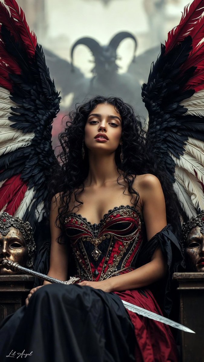 CLAngelillo's tweet photo. QT Jester
She claims the throne where laughter meets damnation—wings a harlequin storm of crimson and shadow, masks frozen in eternal grin. The horned silhouette bows behind her.
The final act belongs to her alone.
🎭🗡️🖤❤️✨
#LilAngel #WarriorAngel #JesterQueen #DarkMasquerade #EtherealGuardian