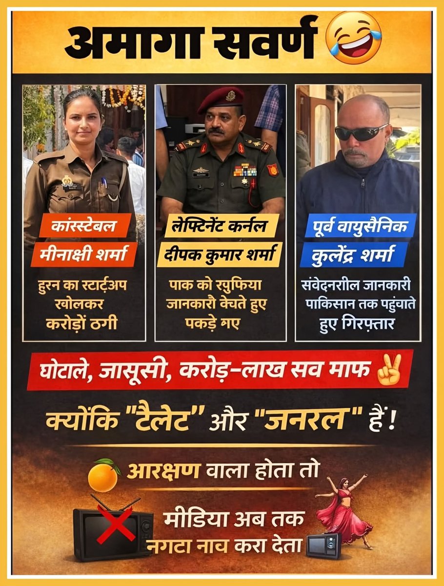 घोटाले, जासूसी, करोड़-लाख सव माफ
क्योंकि "टैलेट" और "जनरल " हैं!
आरक्षण वाला होता तो मीडिया अब तक नगटा नाव करा देता