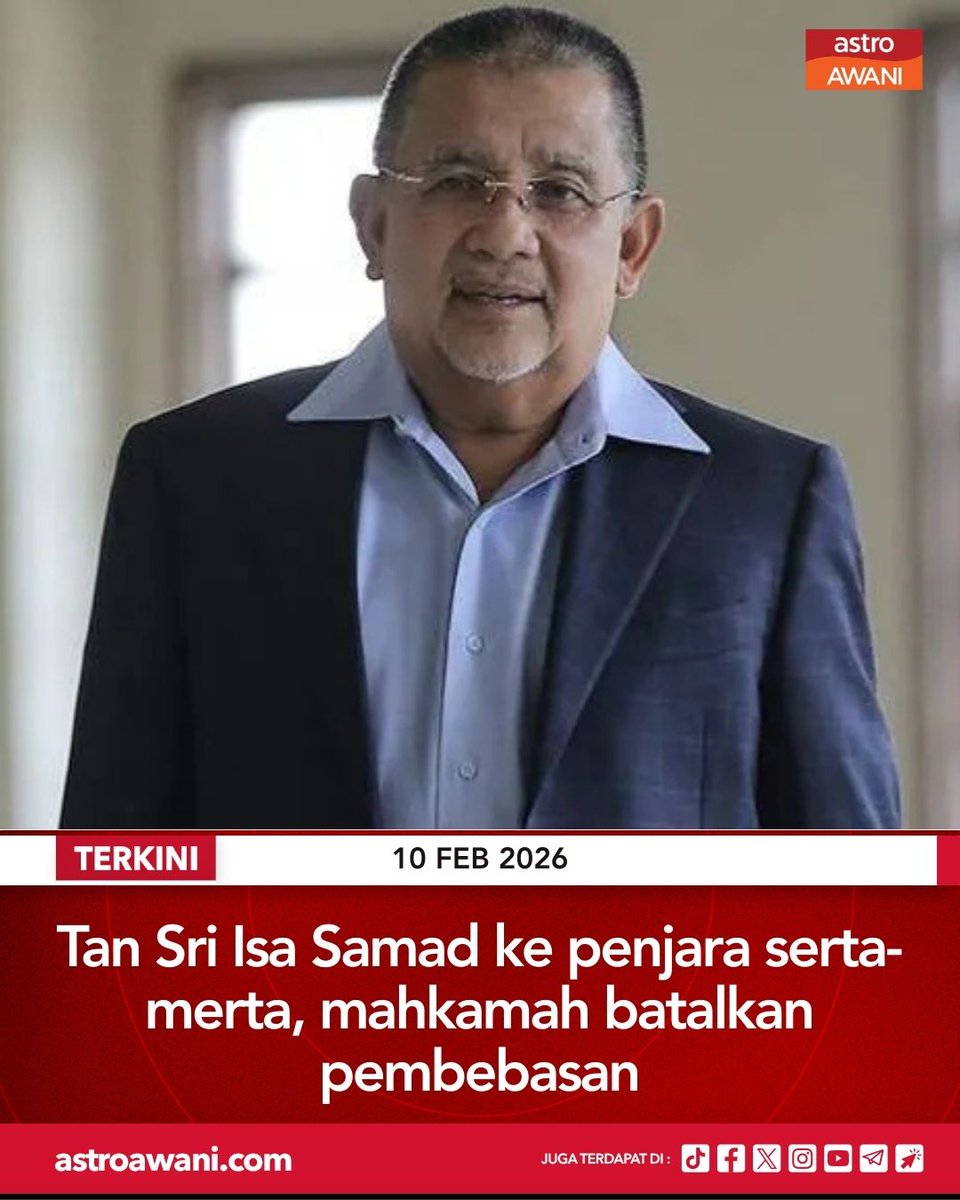 501Awani's tweet image. Bekas Pengerusi Felda, Tan Sri Mohd. Isa Abdul Samad dipenjara enam tahun dan denda RM15.45 juta atas sembilan kesalahan rasuah RM3.09 juta berhubung pembelian Merdeka Palace Hotel Suites (MPHS) di Kuching, Sarawak, 12 tahun lalu.

Keputusan muktamad itu ditentukan secara sebulat…