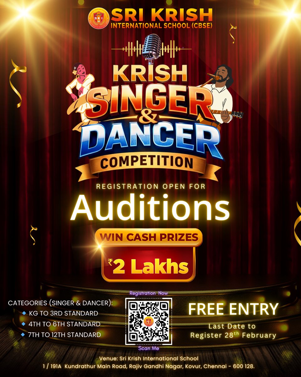 srikrishschool's tweet photo. Register via link in bio or scan the QR code

🏆 Win exciting cash prizes worth ₹2 Lakhs
🎟️ Free Entry
📅 Register before 28th February
📍Kovur, Chennai
Contact:
Mail ID: skischoolcbse@gmail.com

Phone:
78248 29602
89390 03892
78258 91613 https://t.co/5bLaSzoHWa