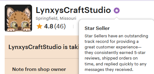 While of course we are moving and getting settled in to the new house. We made it to Star Seller on Etsy. So proud of all the work my wife <a href="/PropheticLynx/">Lynxy</a> put in and making sure everything runs smoothly. We're on vacay mode but it'll return soon! Lots of new things to come ;)