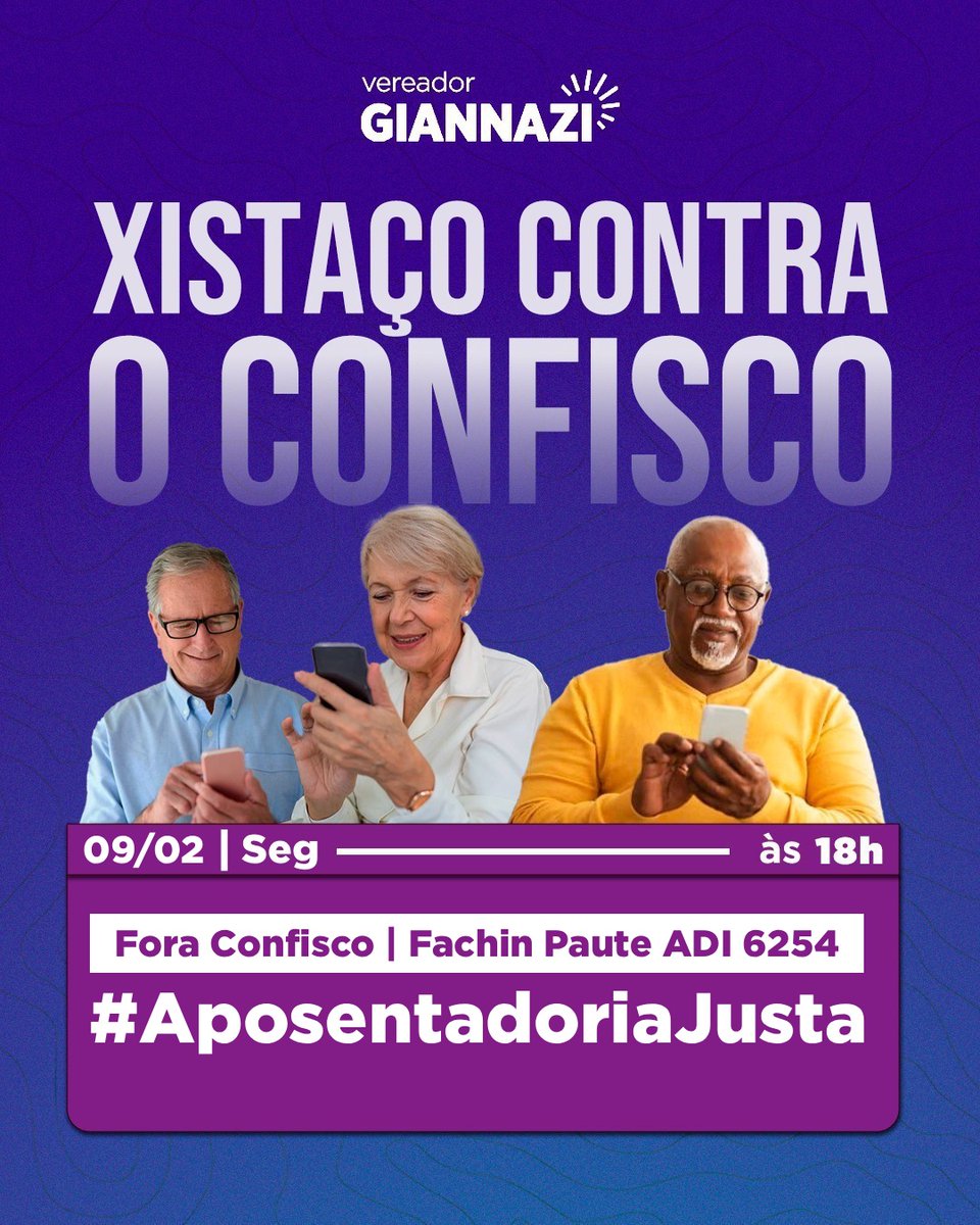 <a href="/Sandravacchi3/">Sandra lutando contra o confisco</a> <a href="/SempreApoema/">Apoema Sempre</a> <a href="/Silvinha0/">Silvia Barbosa</a> <a href="/carlosgiannazi/">Prof Carlos Giannazi</a> <a href="/gilmarmendes/">Gilmar Mendes</a> <a href="/STF_oficial/">STF</a> <a href="/CristianoZanin/">Cristiano Zanin</a> <a href="/FlavioDino/">Flávio Dino 🇧🇷</a> Nós, aposentados contribuímos a vida toda. Retome o conceito da ilegitimidade do art. 149 da EC103, Magistrado <a href="/gilmarmendes/">Gilmar Mendes</a>. 
<a href="/STF_oficial/">STF</a>
@Cristianozanin
<a href="/FlavioDino/">Flávio Dino 🇧🇷</a>
Fora Confisco
#AposentadoriaJusta
Fachin Paute ADI 6254