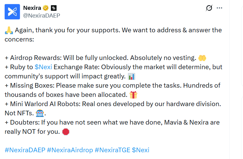 TriMaiMS's tweet photo. Update kèo Airdrop quan trọng @NexiraDAEP kết thúc - 11/2 

Ai chưa làm thì làm gấp nha mọi người
- Truy cập: https://t.co/XSN2ikjeGr
- Connect mail
- Làm task social
- Done

#Nexira #RubyUprising #3XRewards #LastChance $NEXI https://t.co/moje5yeTGj