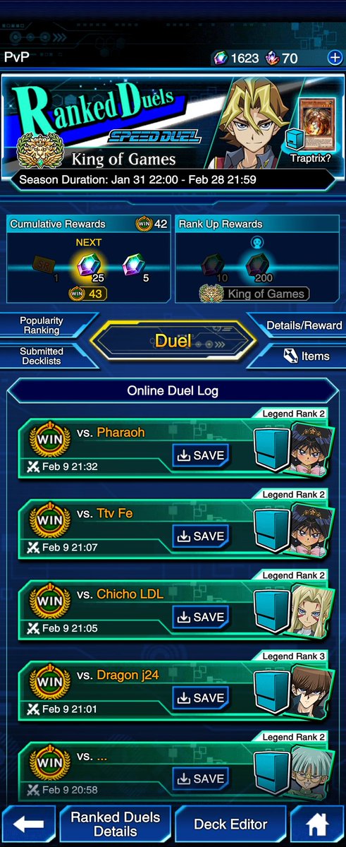 2026 February KoG with Traptrix

I started with tachyon, but got insanely bored in legend 2, so I switched to traptrix and went 18-1 to reach kog this month. This deck is crazy.