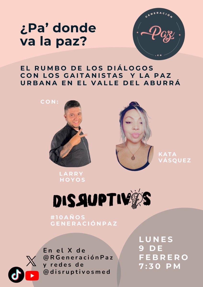 RGeneracionPaz's tweet image. Hoy cumplimos 10 años narrando La Paz de Colombia 🇨🇴 y celebramos dialogando con @Disruptivosmed sobre la @PazUrbanaCo y otras mesa de #PazTotal. En breve iniciamos con @LarryHoyos5 #10añosGeneraciónPaz