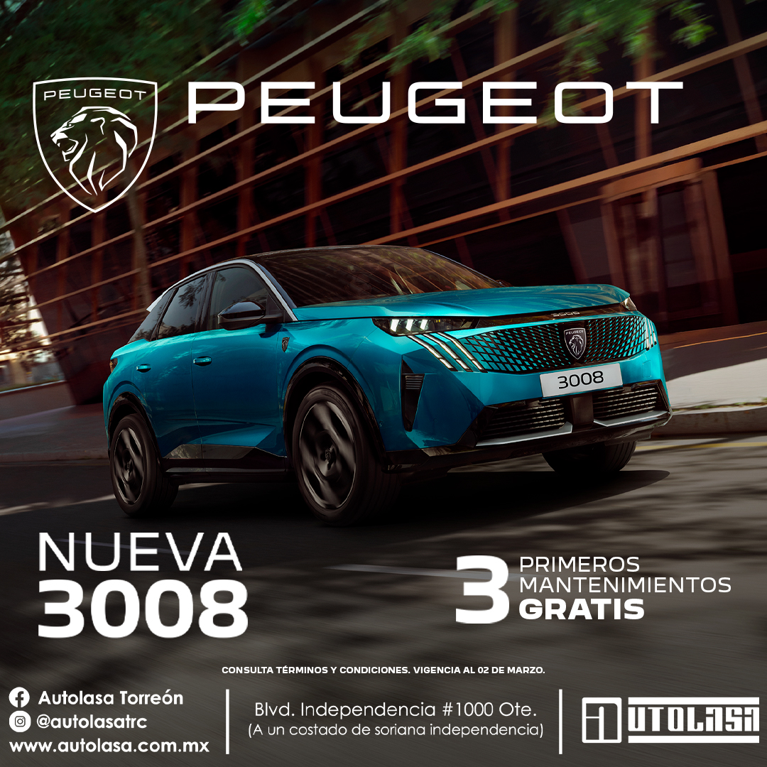 AutolasaLaguna's tweet photo. La nueva Peugeot 3008 redefine el camino con diseño, tecnología y carácter.
Estrénala hoy y disfruta de 3 primeros mantenimientos gratis.
🚗✨
📍  Blvd. Independencia #1000 Ote. (a un costado de Soriana Independencia) https://t.co/2PLfPiJjYw