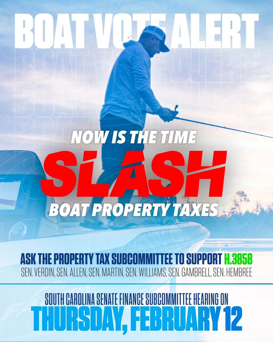 🚨 H.3858 Hearing Thursday

Cut the nation’s highest boat property taxes.

End outboard engine titles and double taxation. 

👉 Email Senate Finance: speak4.io/lp/8f01ysqo?ts…

#SCPol #PropertyTaxes #BoatFishSC
