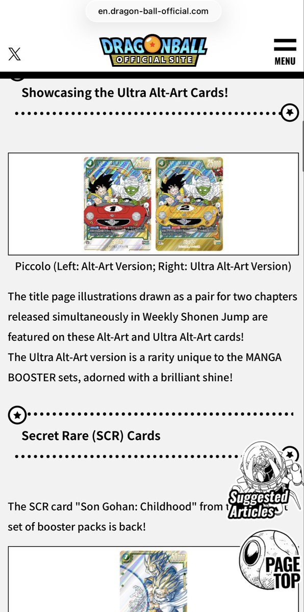 rarefinds's tweet photo. Here’s some Dragon Ball Fusion World TCG alpha. 

The highest tier card for the two Manga Booster boxes (sb01 and sb02) are known as “Ultra Alt-Art” cards. These are even more scarce than the Secret Rare Super Alt Art cards, which for the rest of the Fusion World booster boxes (fb01 through fb09) are the highest tier rarity for cards. There are no Ultra Alt-Art cards in fb01 through fb09. 

There is only one Ultra Alt-Art in sb01 (see first image) and one Ultra Alt-Art in sb02 (second image). As you can see by the third image, which is taken from the official Bandai website, the Ultra Alt-Art cards are ranked above the Secret Rare Super Alt Art cards (which you can see starts at the bottom of the third page regarding sb02 cards). 

Remember that for the Secret Rare Super Alt Art cards, it generally takes five cases (not boxes) to pull those cards. Speculation is that for the Ultra Alt-Art cards in sb01 and sb02, it will take even MORE than five cases to pull the Ultra Alt-Art cards. I don’t think people realize this. 

Some final points. Be careful not to buy the standard or lesser “alt art” edition. For example, the Piccolo Ultra Alt-Art card has a gold car but the lesser version (the alt art version) has a red car. Only the Ultra Alt-Art version will have two stars in the bottom right hand corner, not one star. Also, both PSA and Beckett are not properly labeling the Ultra Alt-Art cards from sb01 and sb02 on the slabs. Sometimes they identify the cards as “secret rare super alt art” but that’s incorrect per the Bandai website, which has them listed as Ultra Alt-Art which is unique to sb01 and sb02 and ranked in a higher rarity category. With all this confusion there are opportunities right now to snag these cards before the secret (no pun intended) is out.