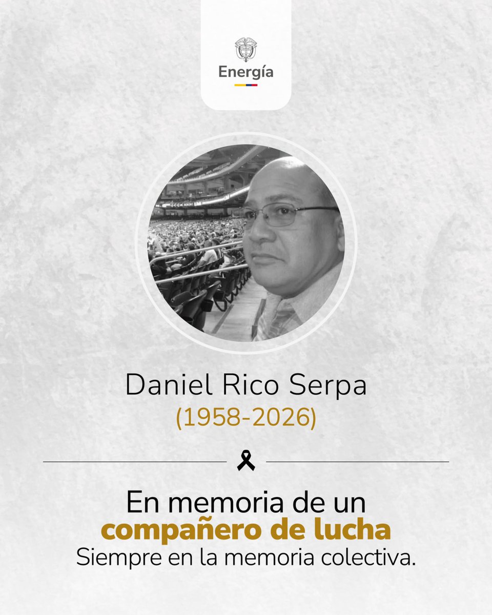 MinEnergiaCo's tweet photo. Desde el @MinEnergiaC lamentamos profundamente el fallecimiento de Daniel Enrique Rico Serpa, compañero de lucha del movimiento sindical y referente comprometido con la defensa de los derechos de las y los trabajadores.

A su familia, amistades y compañeros de la @usofrenteobrero, expresamos nuestra solidaridad y respeto en este momento de dolor.

El ministro @PalmaEdwin, envía un abrazo fraterno y solidario a quienes compartieron con Daniel el camino sindical, político y humano, y reconoce su entrega constante a las causas colectivas, su compromiso con la organización y su convicción en la transformación social.

Su memoria permanece en quienes continúan trabajando por un país con justicia, dignidad y derechos para el pueblo trabajador.

Paz en su tumba.