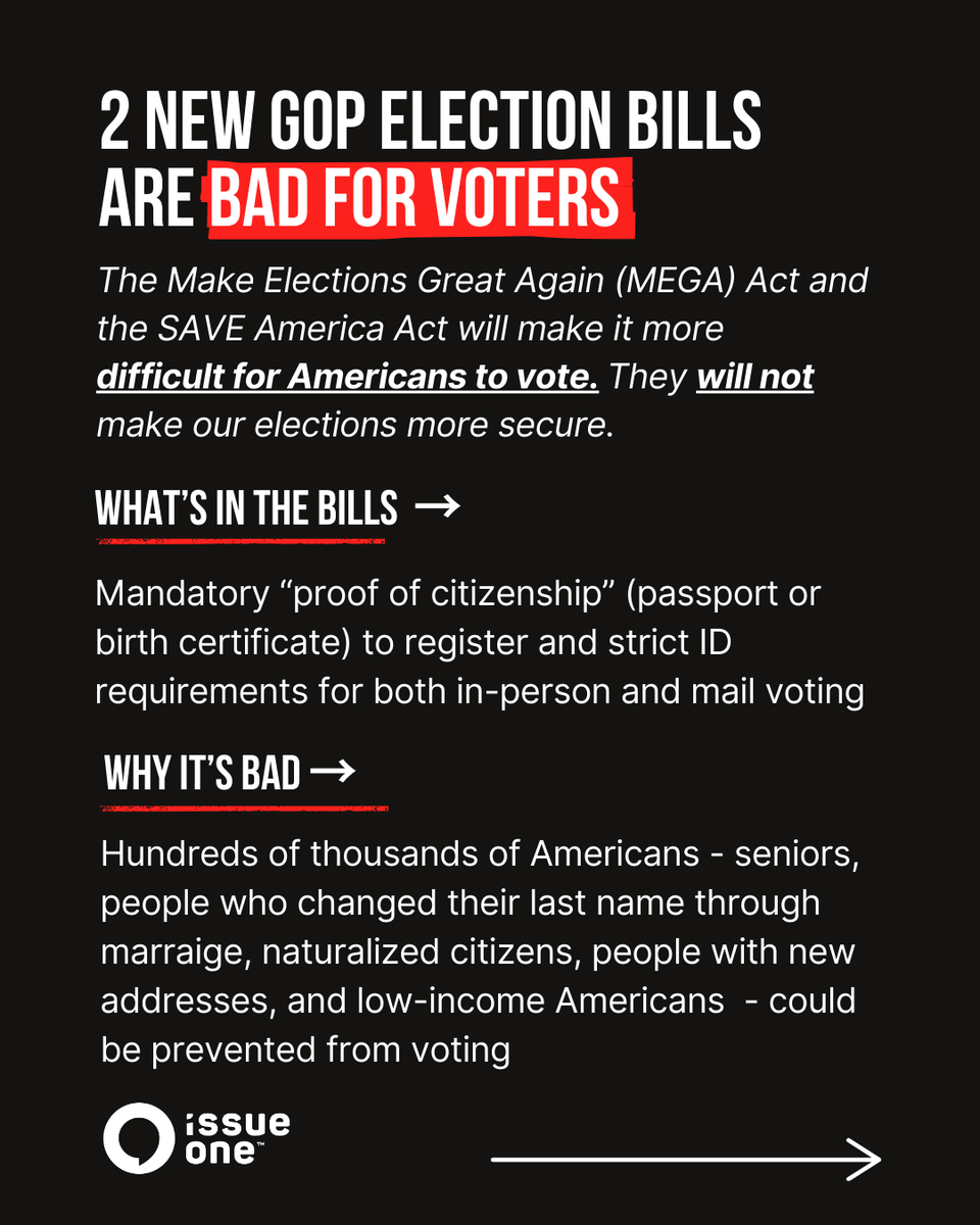 IssueOneReform's tweet image. 🚨 Voter suppression alert 🚨Republicans are pushing TWO bills this week — the SAVE America Act + the MEGA Act — that would hand more control over elections to the President and take away your ability to vote 🏛️ Tell Your REPS: NO WAY on the SAVE &amp;amp; MEGA Acts  #freeandfair