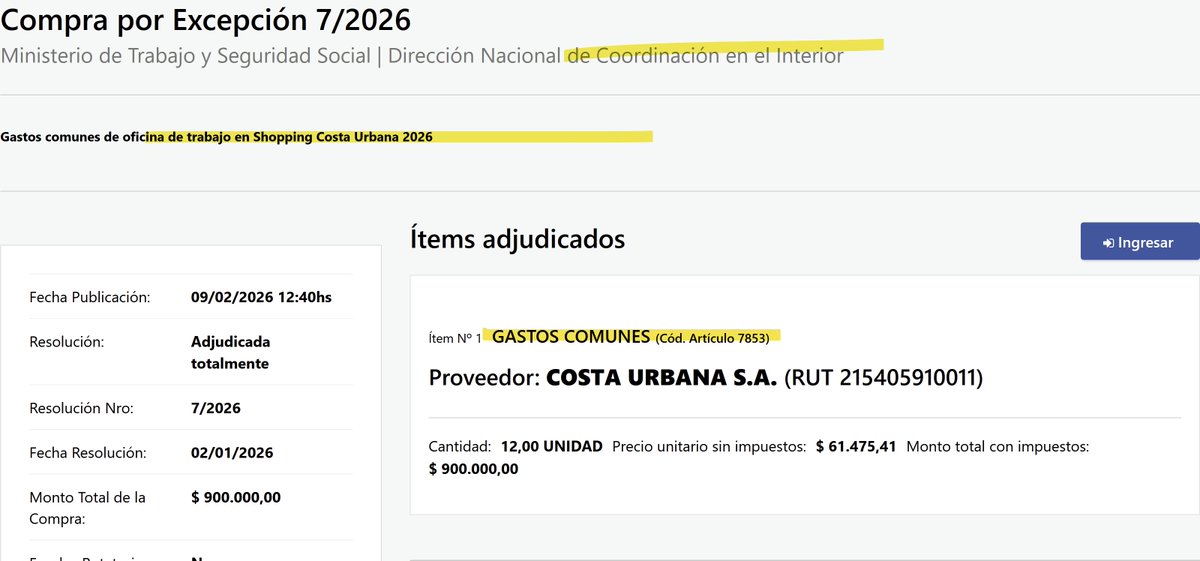 COSTA URBANA: Los uruguayos pagamos $ 900.000 por GASTOS COMUNES anuales de oficina de trabajo en Shopping Costa Urbana del Ministerio de Trabajo.