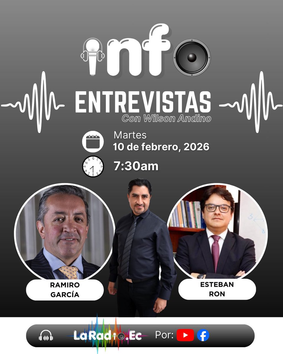 🎙️ inf🔘
👉🏻 Martes 10 de febrero 🕢 7:30 (Ecuador) 👍🏻
🗣️ Invitados: 
👉🏻 Ramiro García
👉🏻 Esteban Ron

🎥 Por YouTube y Facebook de LaRadioEc 🎧

<a href="/ramirogarciaf/">𝐑𝐚𝐦𝐢𝐫𝐨 𝐆𝐚𝐫𝐜í𝐚 𝐅</a> <a href="/EstebanPRonC/">Esteban Ron Castro</a> 

#Ecuador #info #noticias #información #opinión