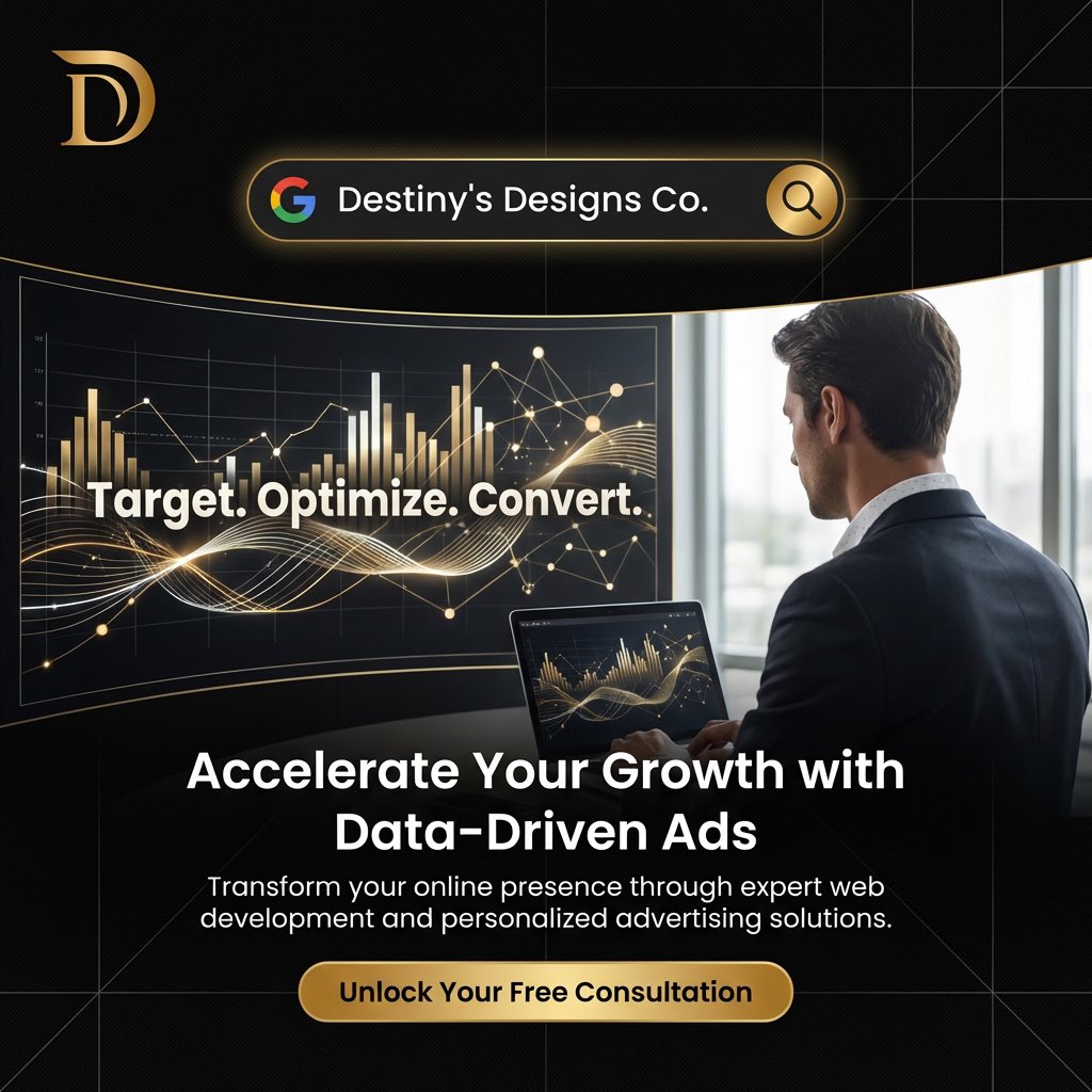 Accelerate Your Growth with Data-Driven Ads

Your website gets traffic, but are your visitors converting into clients? At Destiny's Designs, we don't just build beautiful websites—we build websites that sell.

#DataDrivenMarketing #DigitalAdvertising #WebDevelopment