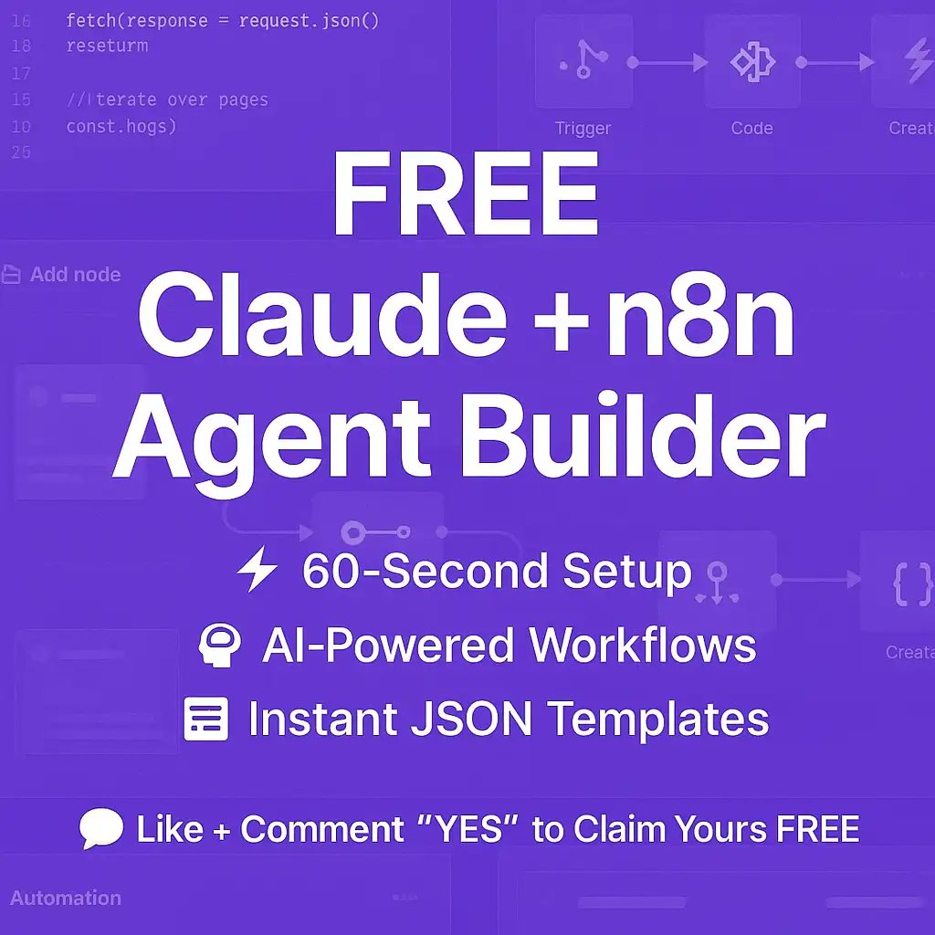 FREE Claude + N8N Agent Builder in 60 Seconds!

Get FREE access to Claude-powered templates that build working automations without coding skills or expensive subscriptions.

What's Included:

  • Custom Claude project instructions for instant N8N expertise
  •